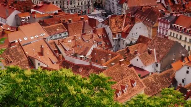 Panorama de la ciudad de Graz en Austria, entre las hermosas casas antiguas es visible el ayuntamiento. Tilt shot — Vídeo de stock