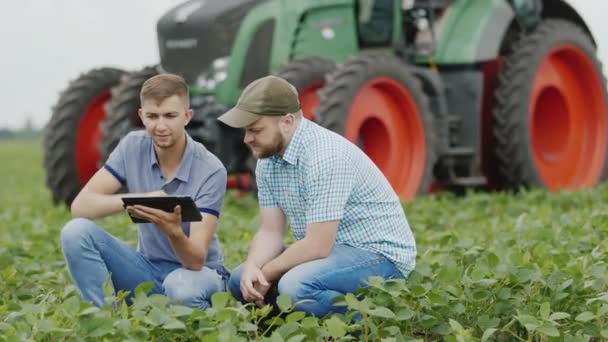 Dois jovens agricultores usam um tablet digital no campo. Contra fundo tractor — Vídeo de Stock