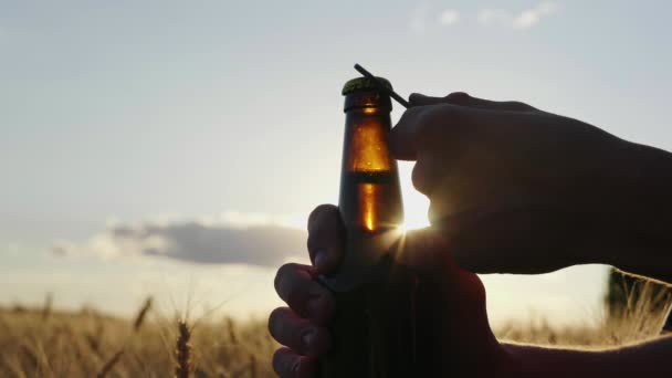 Löschen Sie Ihren Durst mit einem kühlen Bier. Silhouette der Flasche, die bei Sonnenuntergang in der Nähe des Weizenfeldes geöffnet wird — Stockvideo