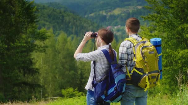 Ένα νεαρό ζευγάρι τουριστών θαυμάζουν το όμορφο τοπίο με κιάλια. Μια σαφή ηλιόλουστη ημέρα στα βουνά. Πίσω όψη — Αρχείο Βίντεο