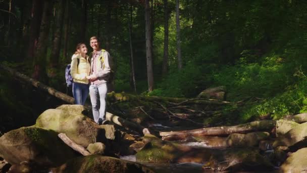 Mladý pár turistů obdivovat krajinu lesní. Stojan na velké skále poblíž horské řece nebo proudu. Turistika a aktivní životní styl — Stock video