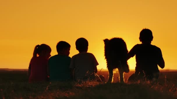 Un groupe d'enfants admirent le coucher de soleil dans un endroit pittoresque. Un chien est assis à côté d'eux. Vue arrière — Video