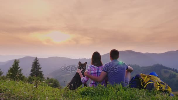 A couple of tourists with a dog admire the beautiful scenery in the mountains. They sit on the ground, next to them are their backpacks, a rear view. — Stock Video