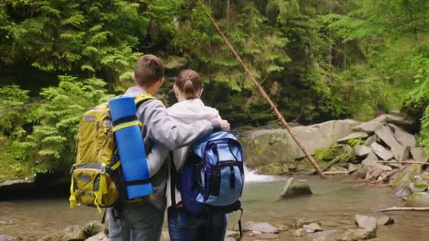 Kran skott: ett par turister med ryggsäckar beundra det vackra vattenfallet och floden berg. Bakifrån — Stockvideo