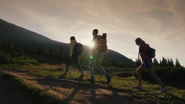 Un grupo de amigos con mochilas se eleva por la montaña. En los rayos del sol poniente. Estilo de vida activo — Vídeos de Stock