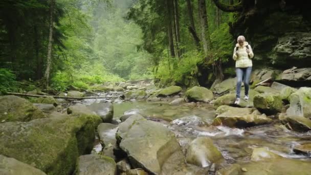 En kvinnlig turist med en ryggsäck korsar en mountain river i skogen. Äventyr och en aktiv livsstil — Stockvideo