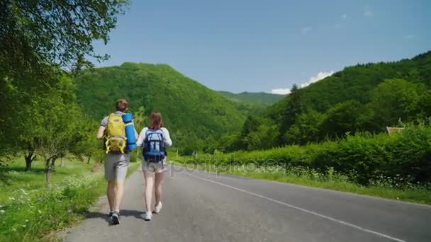 Un par de turistas con mochilas están caminando por el camino de asfalto hacia las hermosas montañas verdes — Vídeos de Stock