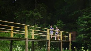 Birkaç turist yürüme dikkatli bir dağ nehir üzerinde bir köprü üzerinde