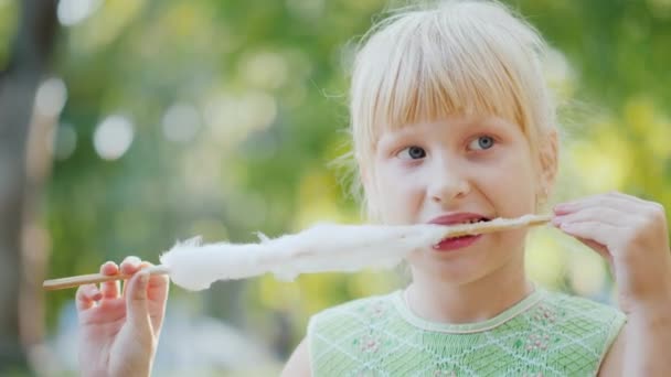 La ragazza sta finendo i resti di delizioso cotone dolce. Si siede nel parco su una panchina. Video con bassa profondità di campo — Video Stock