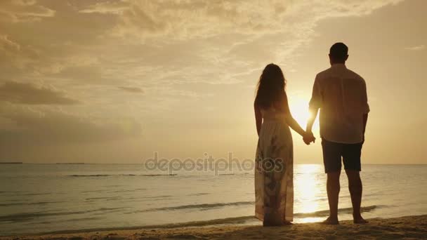 Молодая супружеская пара, держащаяся за руки, лицом к морю и закату. Happy Honeymoon — стоковое видео