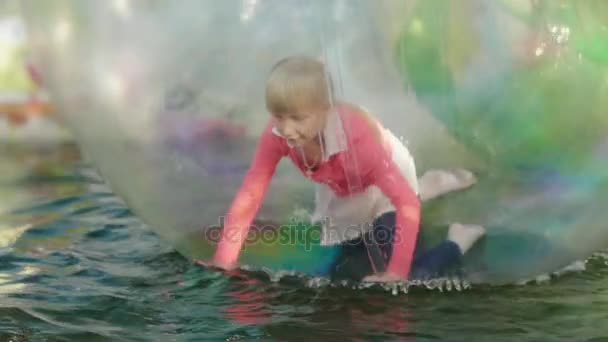 Have fun in the amusement park. Inside the transparent ball the girl runs on all fours, the ball floats in the pool — Stock Video