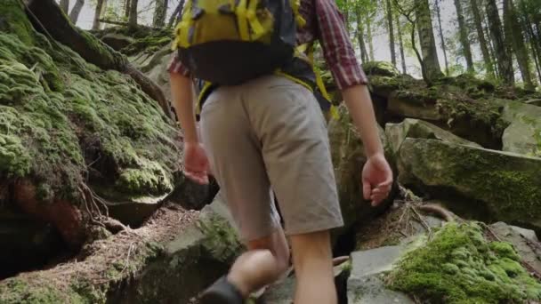 Een jonge gezonde man klimt in een steile bergpad. Avonturen en een actieve levensstijl — Stockvideo