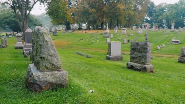 Снимок журавля: Древнее кладбище, большие надгробия на зеленой траве — стоковое видео