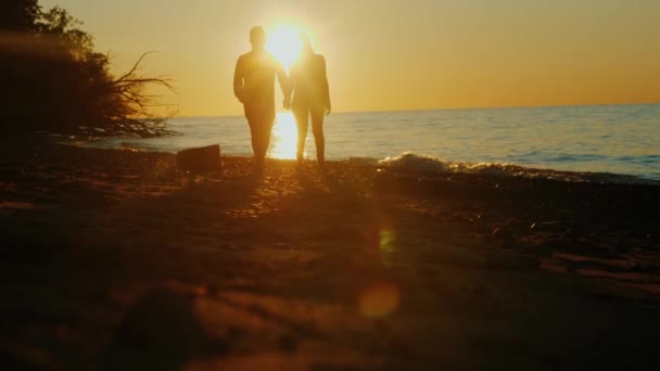 Silhuetas de um casal apaixonado, andando ao pôr-do-sol junto ao mar ou ao lago. Brilho bonito do sol. Homem asiático e mulher caucasiana — Vídeo de Stock