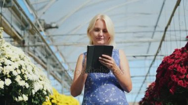 Bir küçük işletme kavramı sahibi. Bir kadın bir tablet bir çiçek kreş ile çalışıyor
