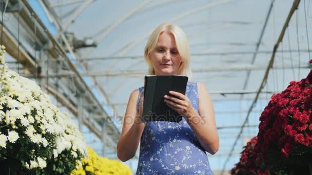 De eigenaar van een klein bedrijf-concept. Een vrouw werkt met een tablet in de kinderkamer van een bloem — Stockvideo