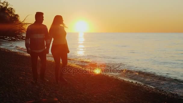 Steadicam shot: νεαρό ζευγάρι πολυεθνικό κρατώντας τα χέρια, το περπάτημα κατά μήκος της ακτής στο ηλιοβασίλεμα. Ασιατικές άνδρας και γυναίκα Καυκάσιος — Αρχείο Βίντεο