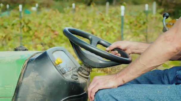 Los pequeños paseos en tractor a través del campo en el marco solo son manos visibles en el volante. Maquinaria y equipo en la agricultura — Vídeo de stock