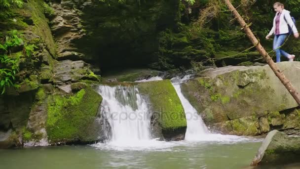 Um par de jovens turistas desfrutar da natureza na floresta perto de um pequeno — Vídeo de Stock