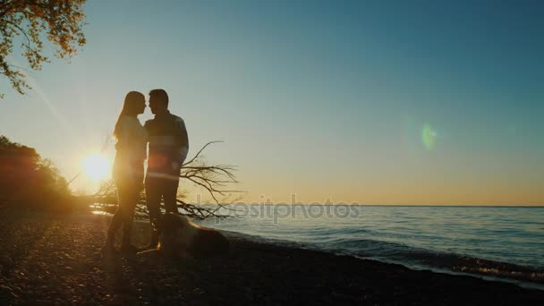 Una pareja amorosa al atardecer. Cerca de su perro, los rayos del sol están bellamente santificados por detrás — Vídeos de Stock