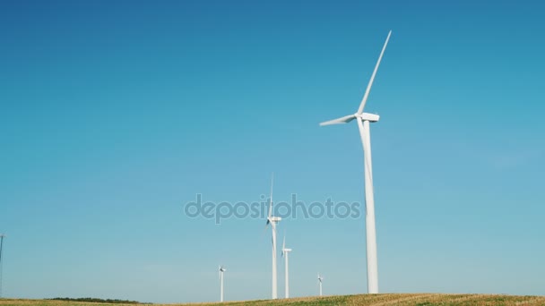 Verschillende windgenerators tegen de blauwe hemel — Stockvideo