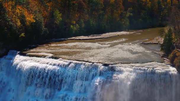 Waterfall at Genesee River with banks covered with autumn forest. Letchworth State Park. 4K 10 bit video — Stock Video