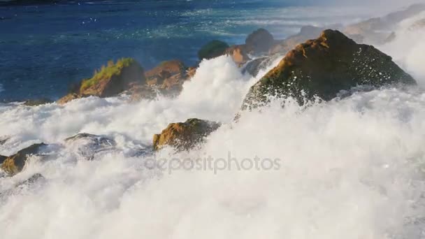 Потік води порушується проти камені біля підніжжя Ніагарський водоспад — стокове відео