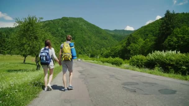 A couple of tourists with backpacks are holding hands and walking along the road in a picturesque place. Rear view — Stock Video