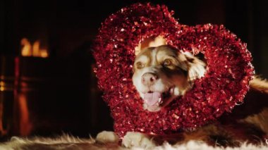 Köpek dekoratif kalbine benziyor. Şöminenin yatıyor. Denb St Sevgililer günü birlikte kutluyor