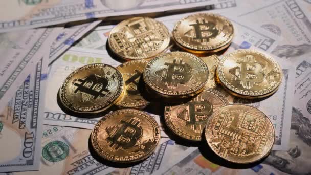 Mijnbouw en inkomsten op de Crypto munt. Munten bitcoin tegen de achtergrond van Amerikaanse bankbiljetten — Stockvideo