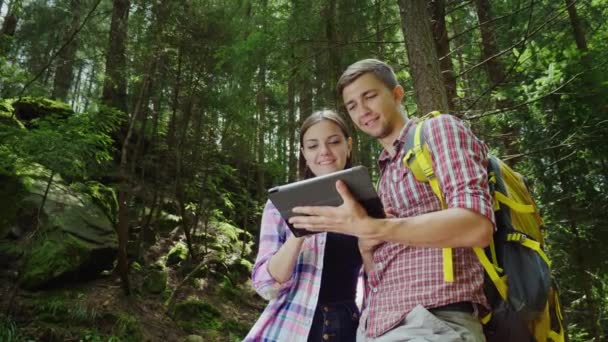 젊은 남자와 여자는 태블릿에 길을 찾고 있습니다. 그들은 숲에 그림 같은 장소에서 서 있다. 방향 및 지도 제작 — 비디오