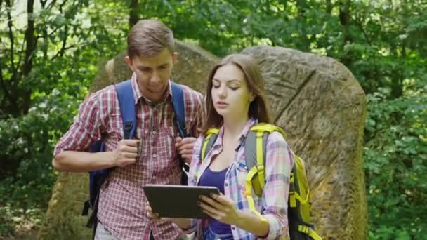 Un par de jóvenes viajeros usan una tableta en el bosque. Se encuentran en un lugar pintoresco cerca de grandes piedras. Orientación y mapas — Vídeo de stock