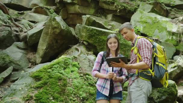 Jóvenes viajeros con mochilas discuten la ruta. Utilice una tableta de pie cerca de grandes piedras en el bosque — Vídeos de Stock