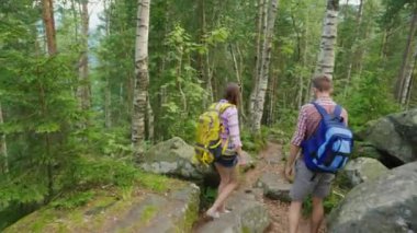 Kaç turist dar dağ yolunda yürümek. Güneş batmadan güzel parlıyor. Arkadan görünüş