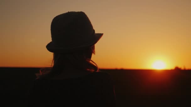 Uma mulher solitária de chapéu olha para o pôr-do-sol. Vista traseira. Sonhando e planejando um conceito — Vídeo de Stock