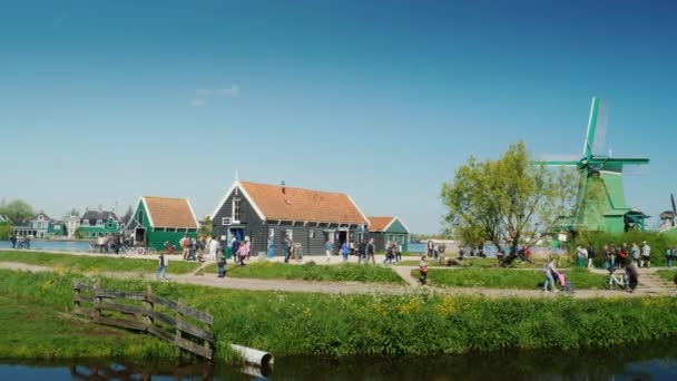 Zaanse Schans, Ολλανδία, Μαΐου 2018: Όμορφο ολλανδικό τοπίο - το παλιό χωριό του Zaans Schans, παλιά σπίτια και μύλους, δημοφιλής με τους τουρίστες χώρα — Αρχείο Βίντεο