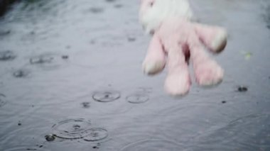 Peluş pembe tavşan bir su birikintisi içine düşüyor. Onun ağır yağmur. Slow motion video