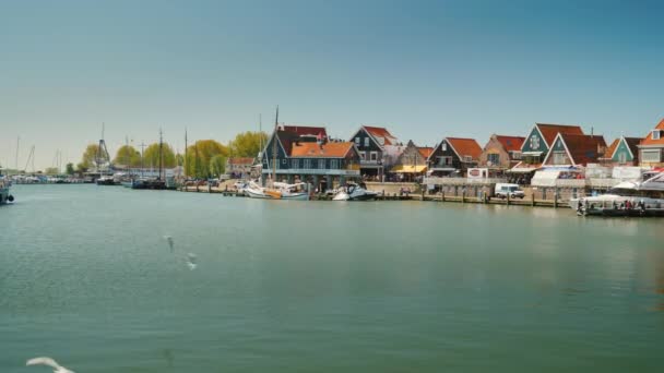 Volendam, Netherlands, May 2018: Picturesque fishing village in the Netherlands. Ancient houses and boats. On the foreground fly gulls — Stock Video