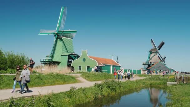 Zaanse Schans, 네덜란드, 5 월 2018: 관광객 Zaanse Schans의 folkloric 마을에 오래 된 공장 주변 산책. 관광 및 네덜란드에 여행 — 비디오