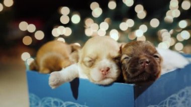 Bir hediye kutusunda üç sevimli yavru köpek.