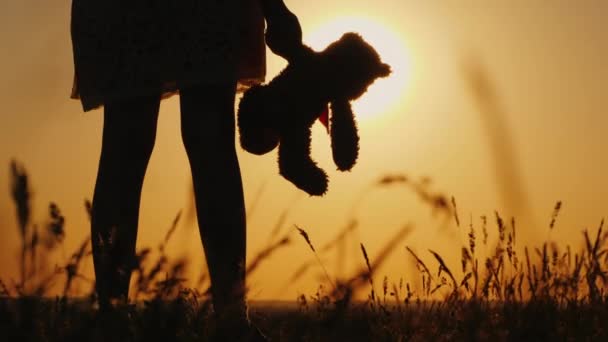 Девушка в летнем платье держит плюшевую игрушку в руке — стоковое видео