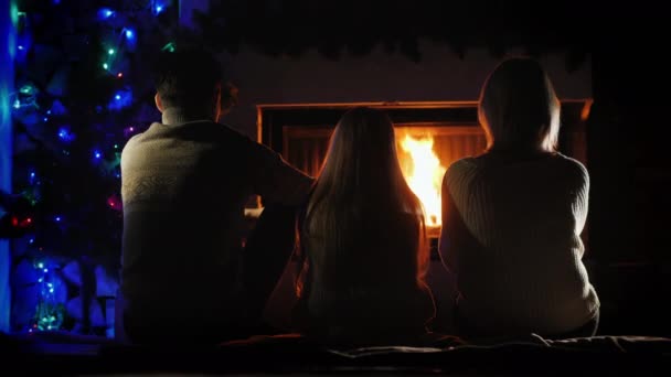 Familia descansando junto a la chimenea y el árbol de Navidad — Vídeo de stock