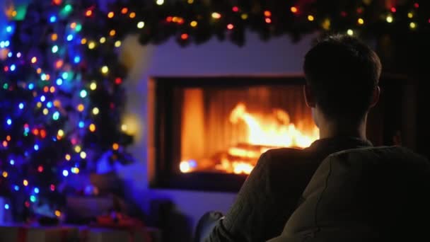 Een jongeman bewondert het vuur in de open haard, die is versierd met bloemenslingers voor Kerstmis. Achteraanzicht — Stockvideo