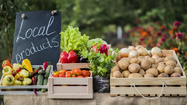 Contador con verduras frescas y un signo de productos locales — Foto de Stock