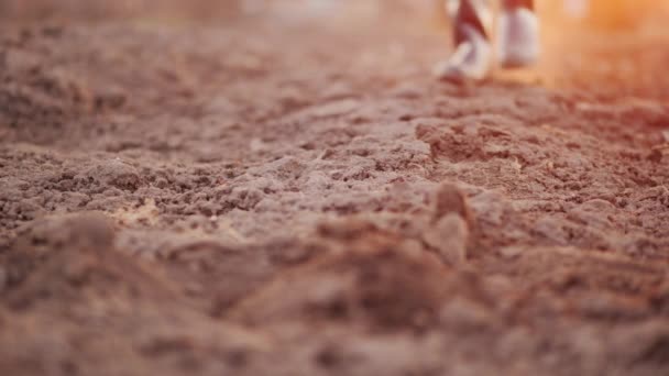 Ein Bauer in Stiefeln geht über ein gepflügtes Feld, nur die Beine sind im Rahmen zu sehen — Stockvideo