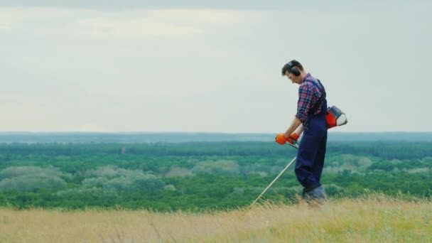 Iemand maait het gras met een trimmer op een pittoreske plek — Stockvideo