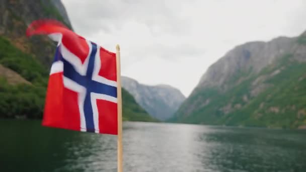 Norveç fiyortu boyunca ilerleyen bir geminin pruvasında Norveç bayrağı — Stok video
