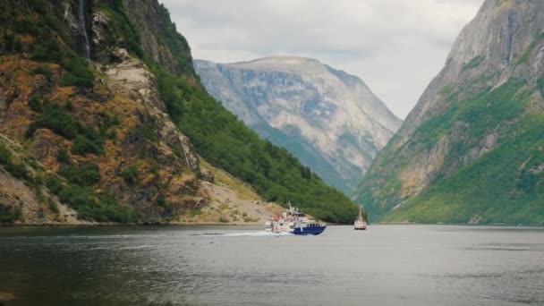 Маленькие лодки в водах прекрасного фьорда в Норвегии — стоковое видео