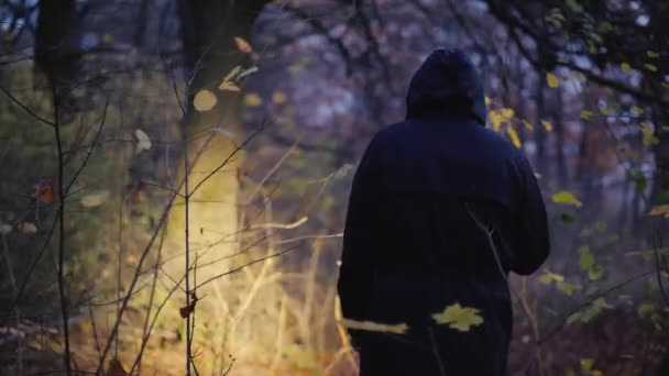Un uomo in un cappuccio con una torcia in mano cammina attraverso una foresta oscura. Cerca un uomo — Video Stock