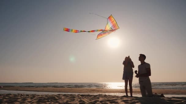 A young man and a child are played with a kite on the beach — Stock Video